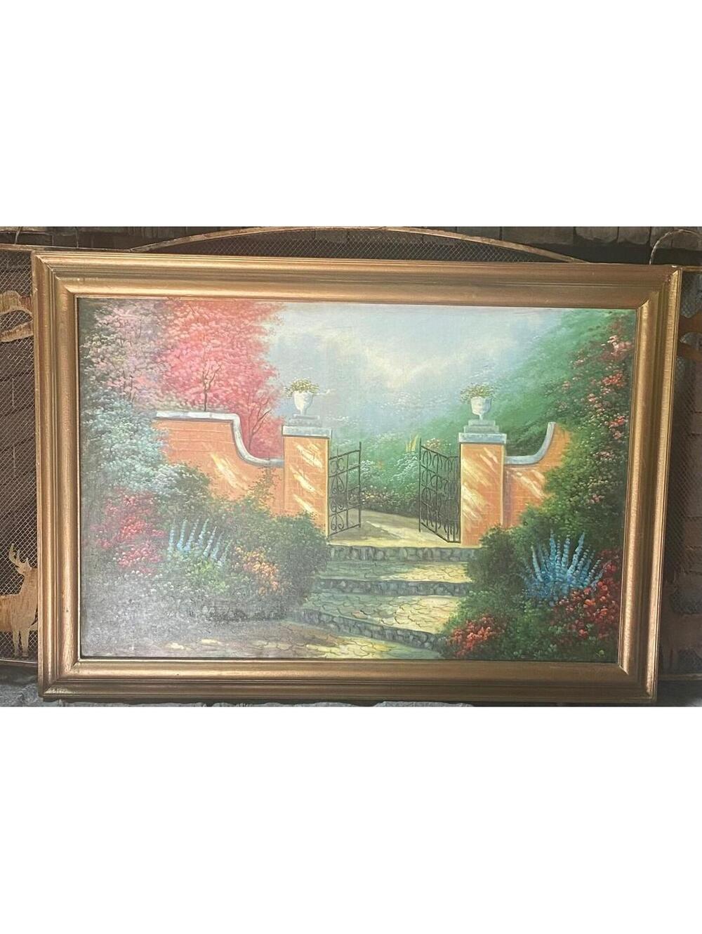 857 - Large Vintage Oil Painting European Garden Courtyard Gate Scene Framed
